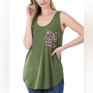 Women's Dark Olive Green Sleeveless Top with Leopard Print Pocket‎ Large New